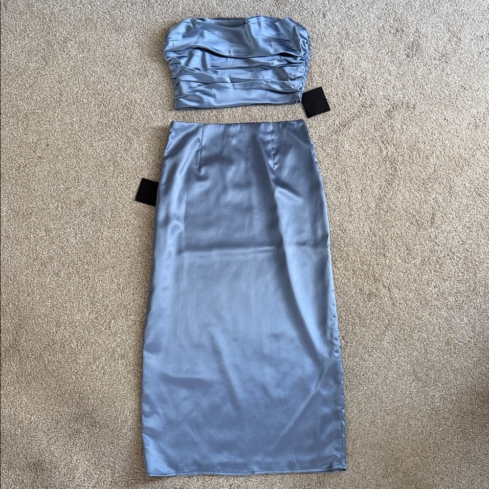 NWT Lulus Blue Strapless Satin Two-Piece Skirt Set Medium - Picture 5 of 16